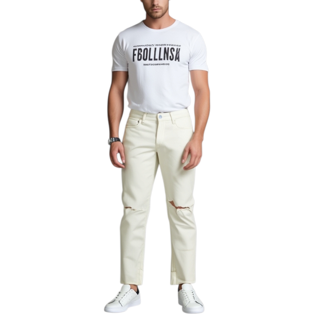 Pantaloni Jeans beige uomo art 03945 denim biker chiusura con bottone e cerniera. Cinque tasche. strappo moda c