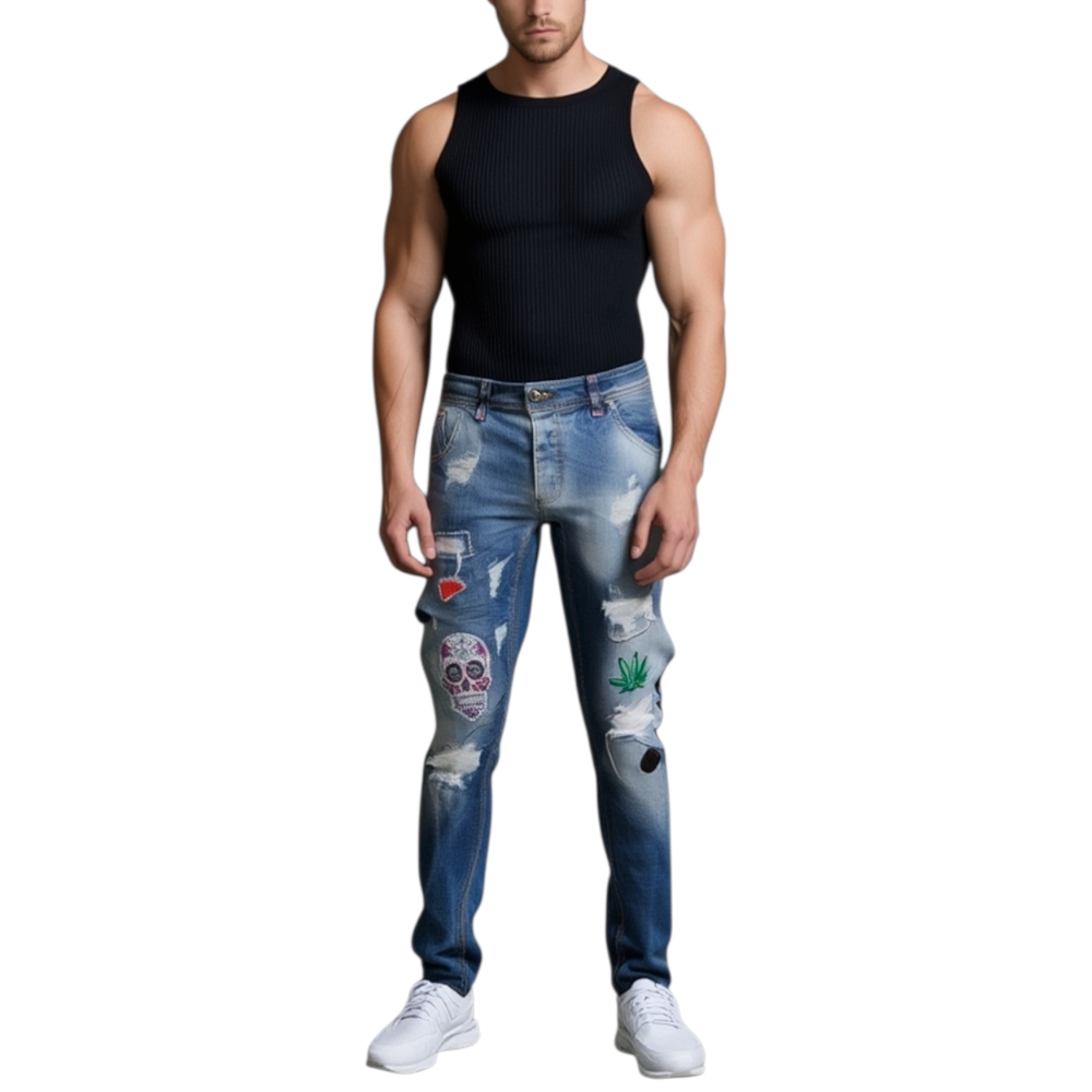 Pantaloni Jeans blu scuro denim biker. Skinny fit. Chiusura con bottone e cerniera strappato e toppe moda