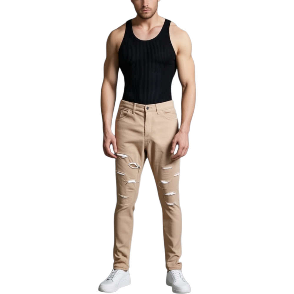 Pantaloni uomo beige camel chino con strappi slim fit in cotone tinta unita linea giovane elasticizzato