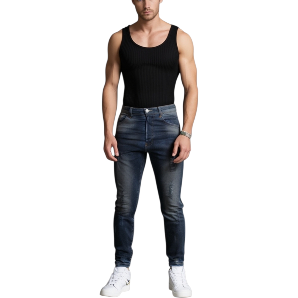 Pantaloni Jeans 5465 lavaggio scuro sfumato denim Skinny Fit con strappi. Chiusura con bottone e cerniera. Cinque tasche..