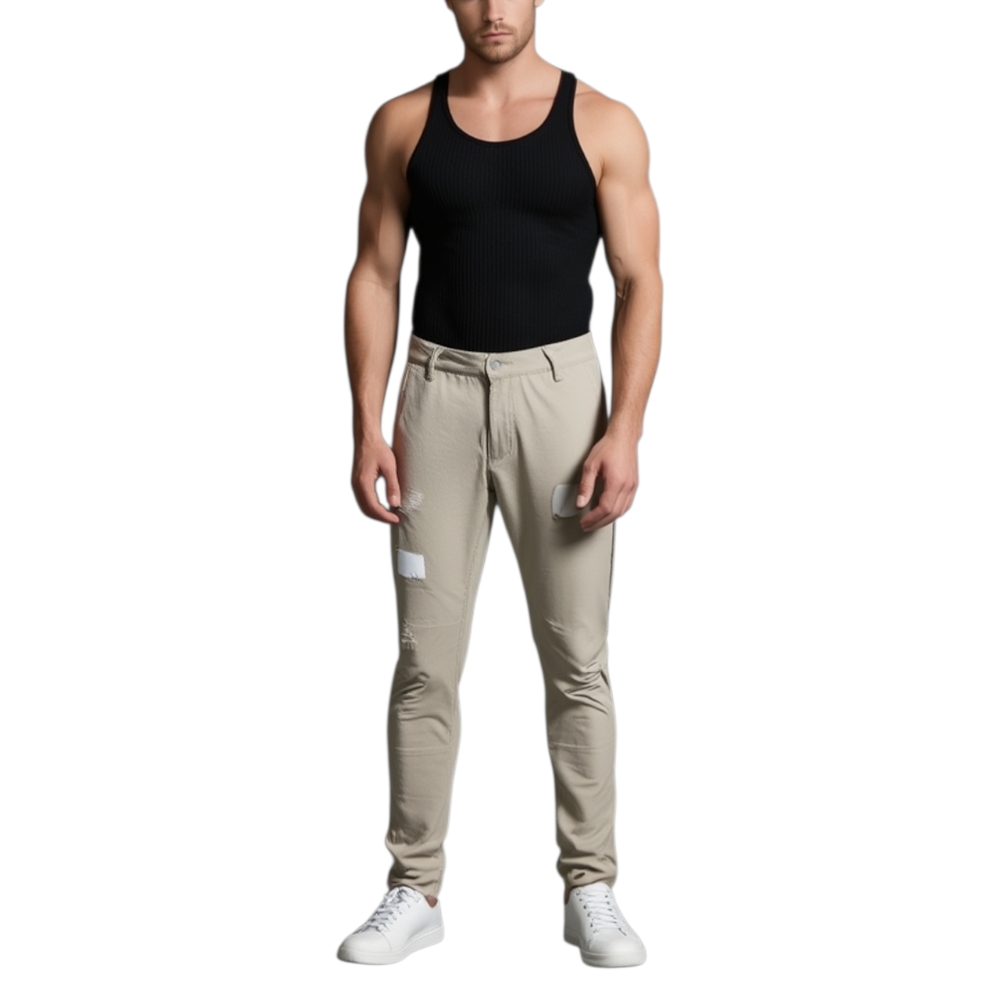 Pantaloni jogger neri beige con bottone e tasche laterali con strappi e toppe cavallo basso moda giovane