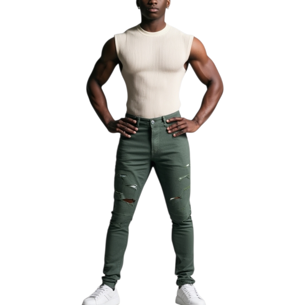 Pantaloni uomo verde militare chino con strappi slim fit in cotone tinta unita linea giovane elasticizzato.