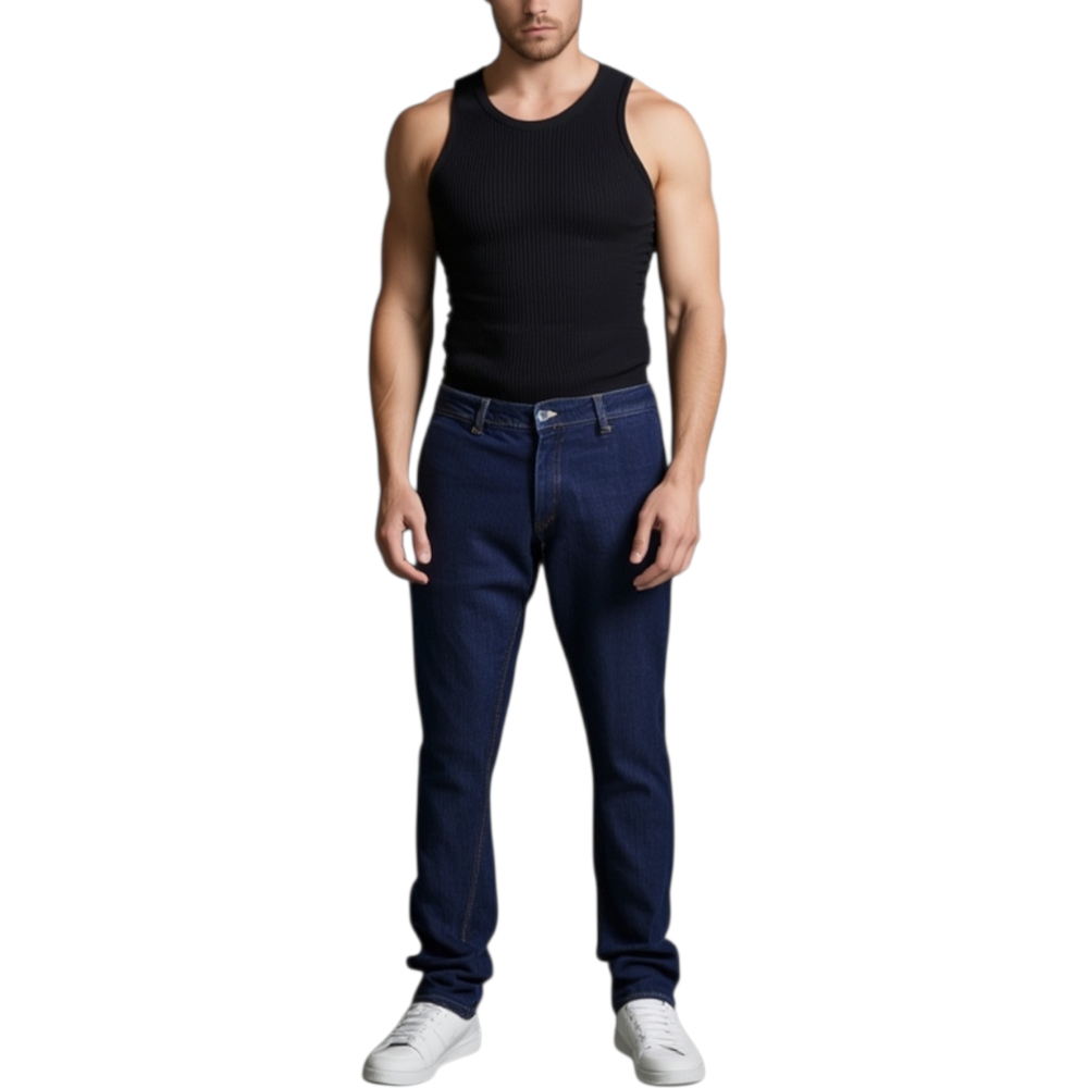 Jeans uomo denim lavaggio scuro slim tapered a cavallo regolare 4 tasche chiusura zip moda tendenza.