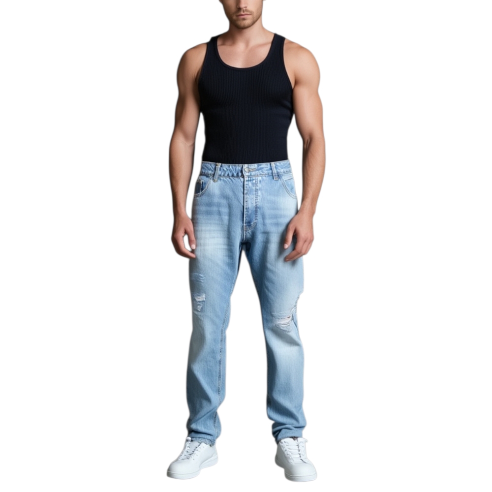 Jeans denim uomo jogger fit cavallo basso lavaggio chiaro Cinque tasche cerniera e bottone con strappi made in Italy