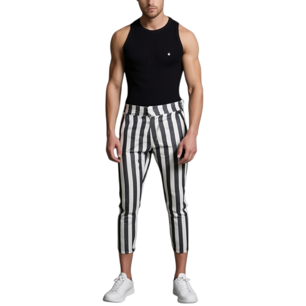 Pantaloni chino uomo di puro lino bianchi e grigi a striscia con catena bottone e tasche americane moda dandy .