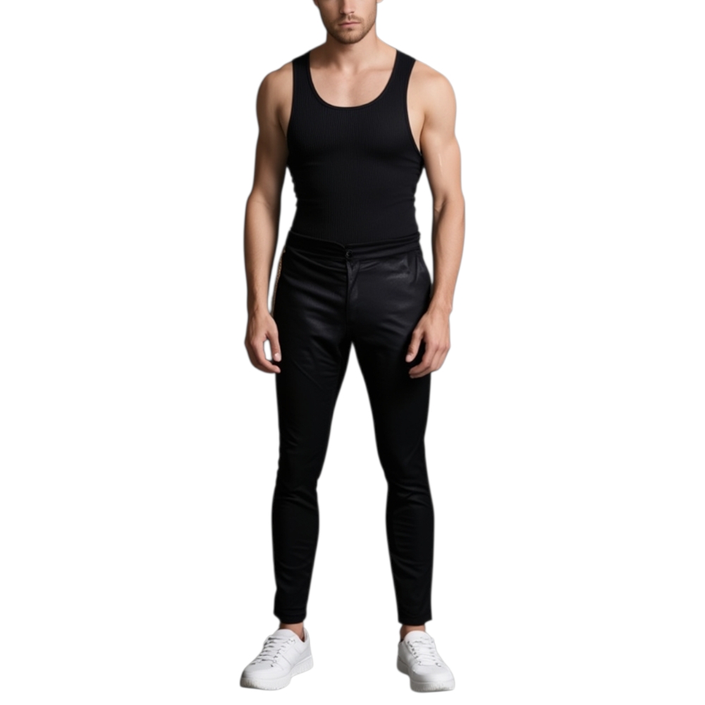 Pantalone Uomo Tinta Unita Panta Tuta Nero Tasca America Cavallo Basso Con Accessorio Filo E Ganci Moda