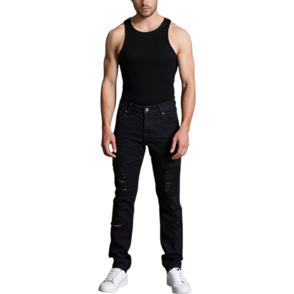 Pantaloni Jeans nero denim biker. Skinny fit.Chiusura con bottoni.Cinque tasche.strappato sulle lunghezze moda.