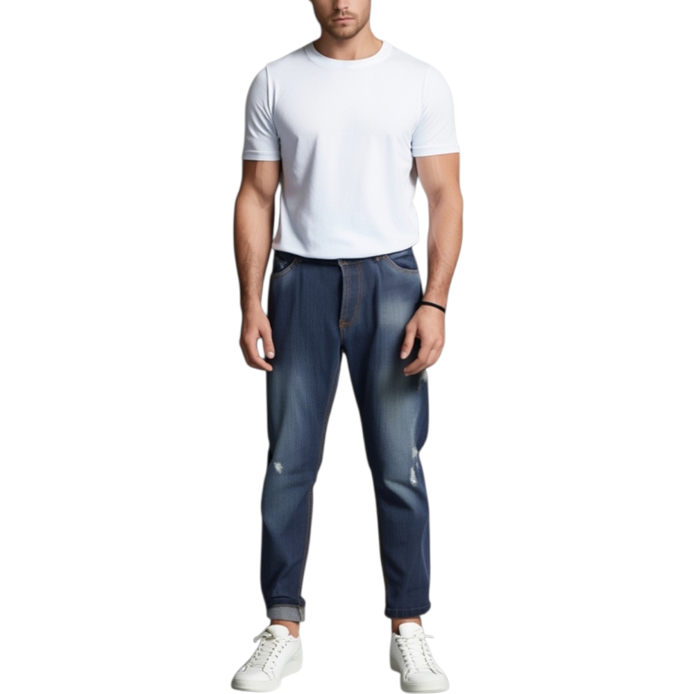 Pantaloni Jeans scuro denim biker. Skinny fit.Chiusura con bottone e cerniera.Cinque tasche. strappo moda