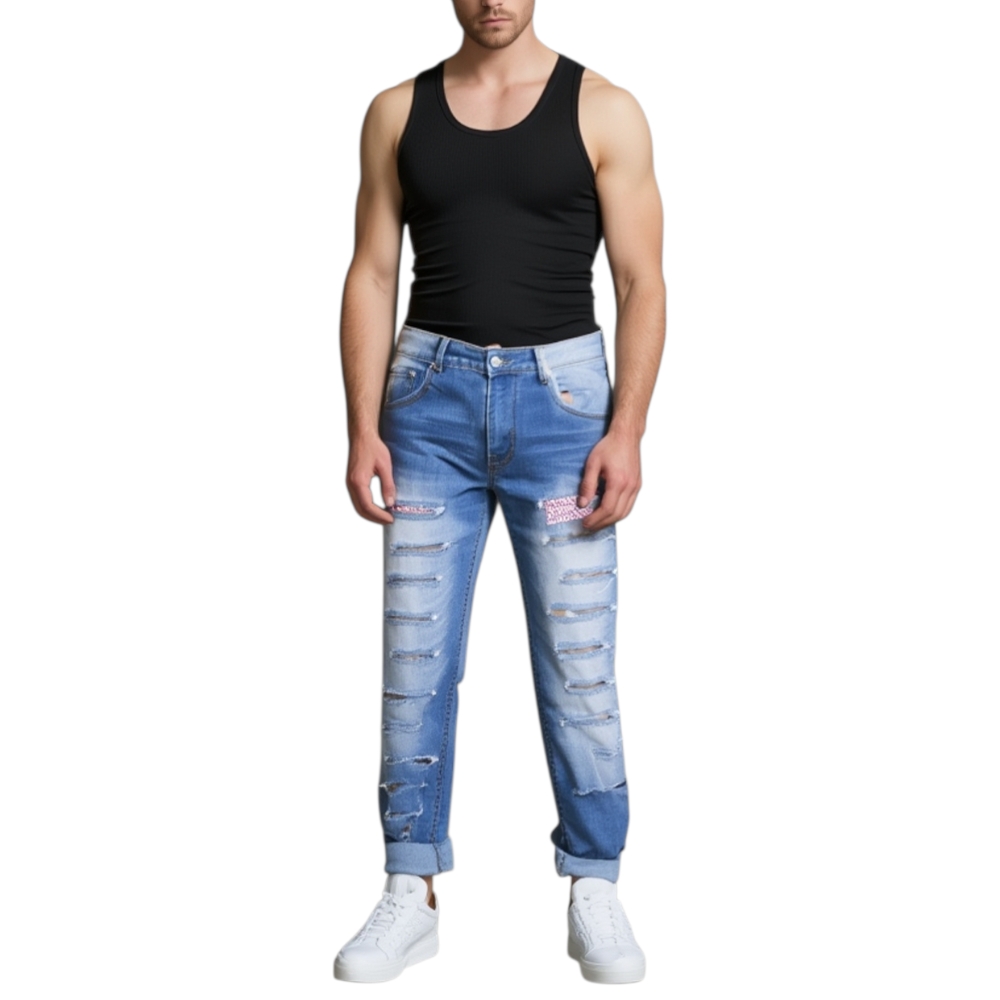 jeans uomo man blu jeans stracciato moda made in italy