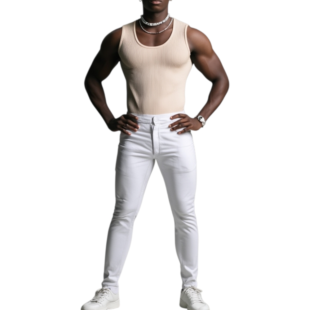 Pantaloni chino uomo di puro cotone bianco con bottone e tasche americane catena di corda in vita moda dandy.