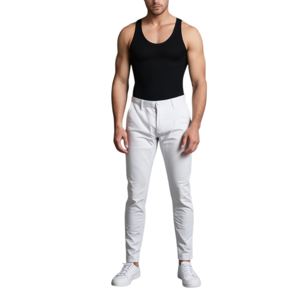 Pantaloni bianco cotone, Skinny Fit con tasca americana . Chiusura con bottone e cerniera.