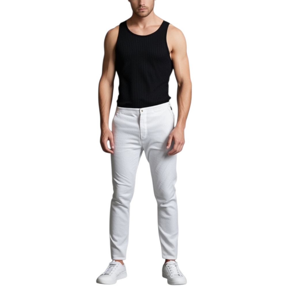 Pantalone Uomo Classic Tinta Unita Bianco Tasca America Cavallo Basso Misto Lino Viscosa Moda Giovanile .