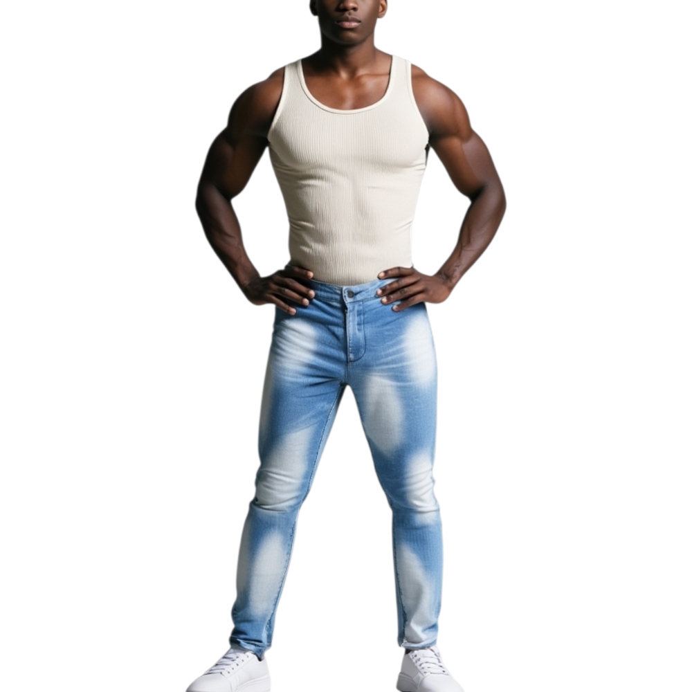 Pantalone Jeans Uomo Denim Chiaro Effetto Sfumato a chiazze tasche americane linea Basic Moda Giovanile  Slim Fit 