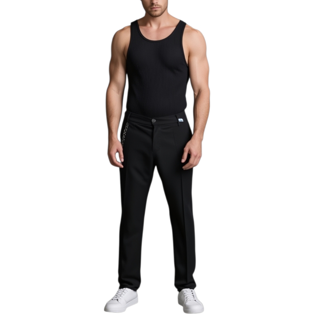 Pantaloni uomo cropped neri a cavallo basso con accessorio catena moda e bottone frontale classico sportivo tendenza.