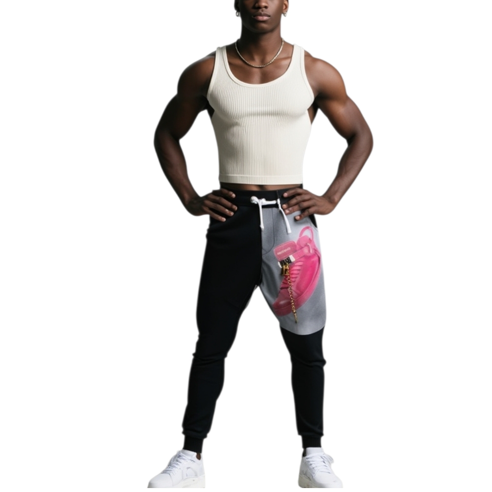 Pantaloni jogger cavallo basso uomo nero con elastico e coulisse stampa scarpe rosse moda giovane street.