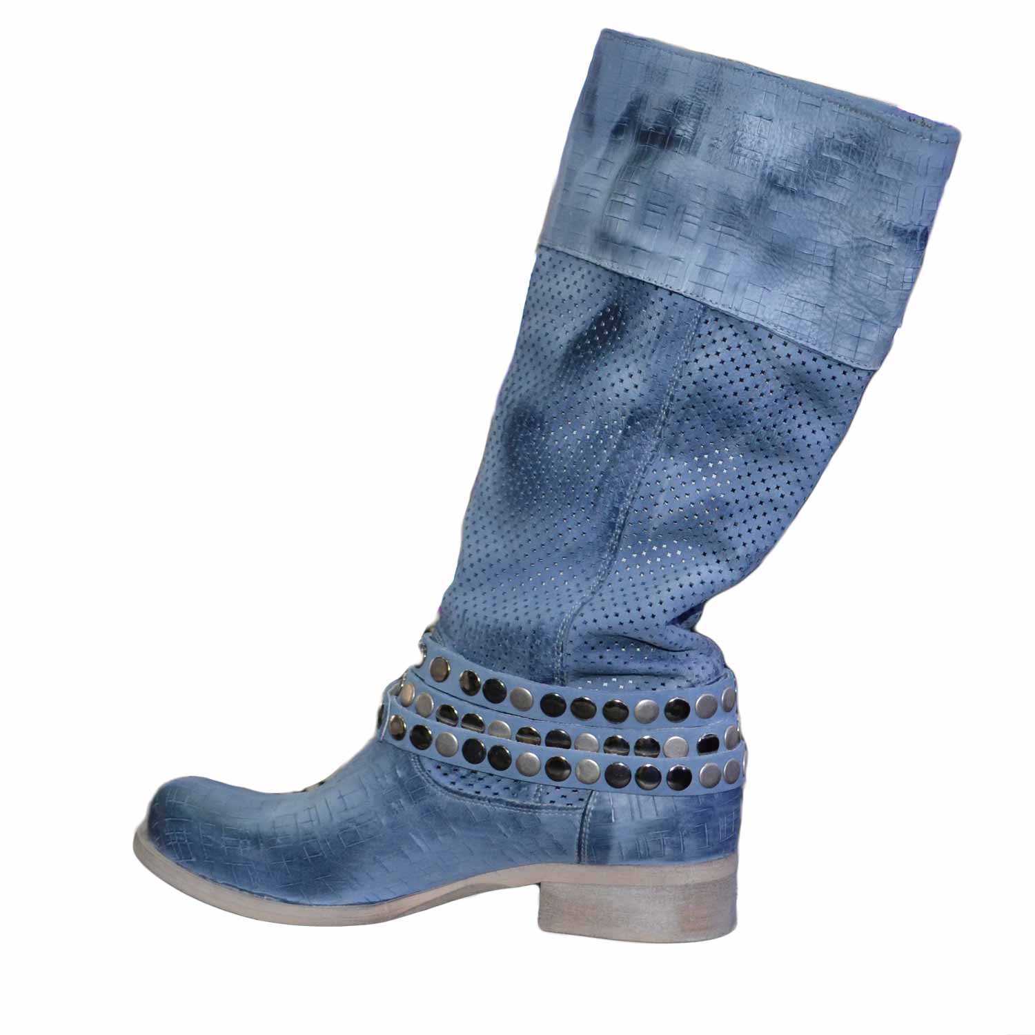 Scarpe donna stivali alti blu vera pelle made in italy fondo comodo forato con cinturini e accessori