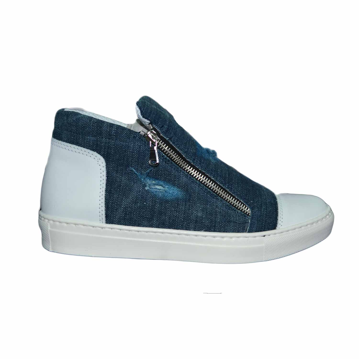 Sneakers uomo scarpe jeans fondo bianco punta bianco di vera pelle made in italy zip