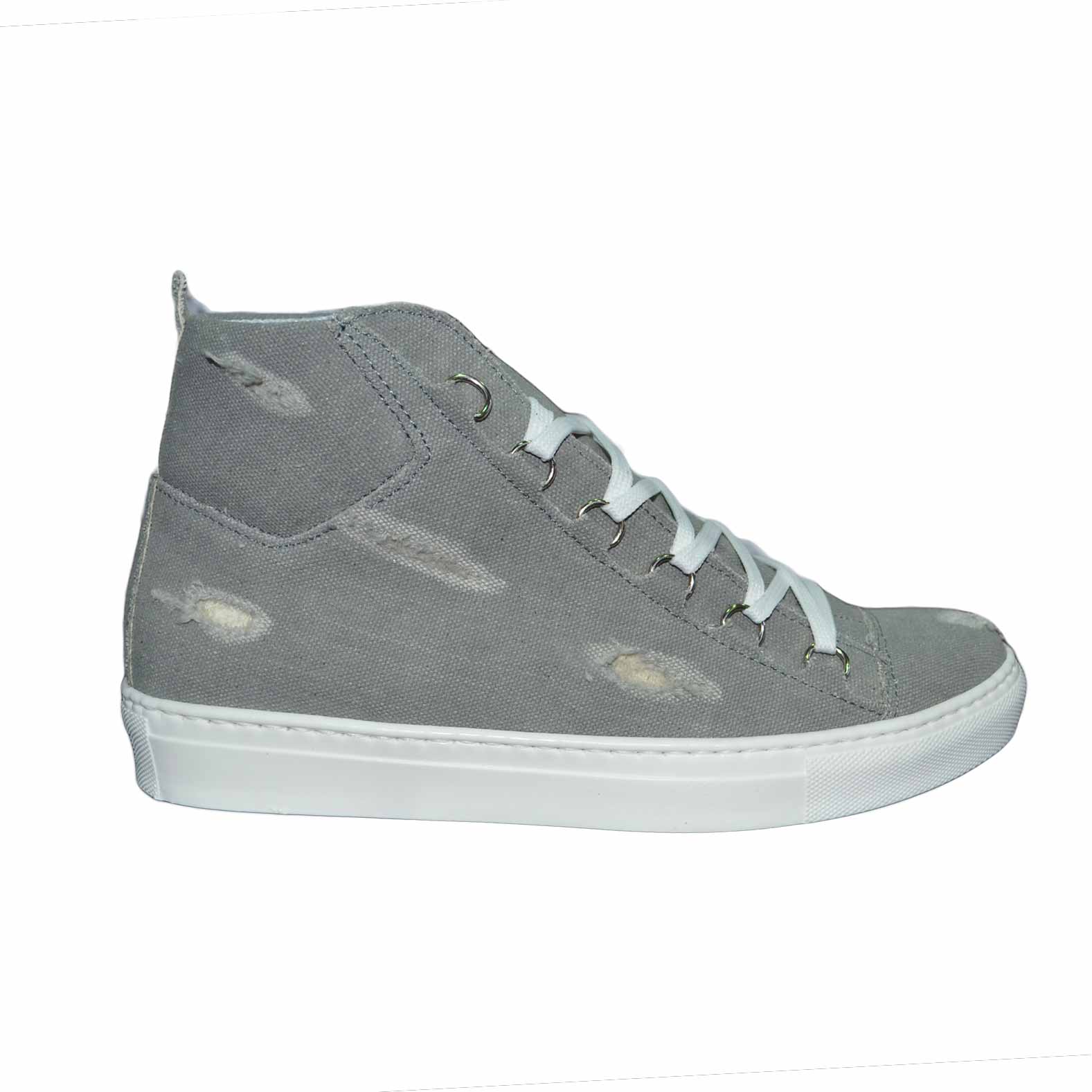 Sneakers uomo scarpe jeans grigio strappi stringata made in italy.