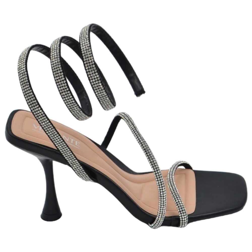 Sandali donna gioiello nero con tacco 10 cm serpente rigido che si attorciglia alla gamba regolabile brillantini.