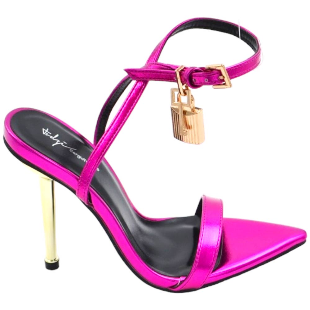 SANDALO TACCO FUCSIA A PUNTA CON LUCCHETTO TACCO SOTTILE 12 CM ORO CHIUSURA ALLA CAVIGLIA MODA CERIMONIA donna sandali tacco Malu Shoes MaluShoes