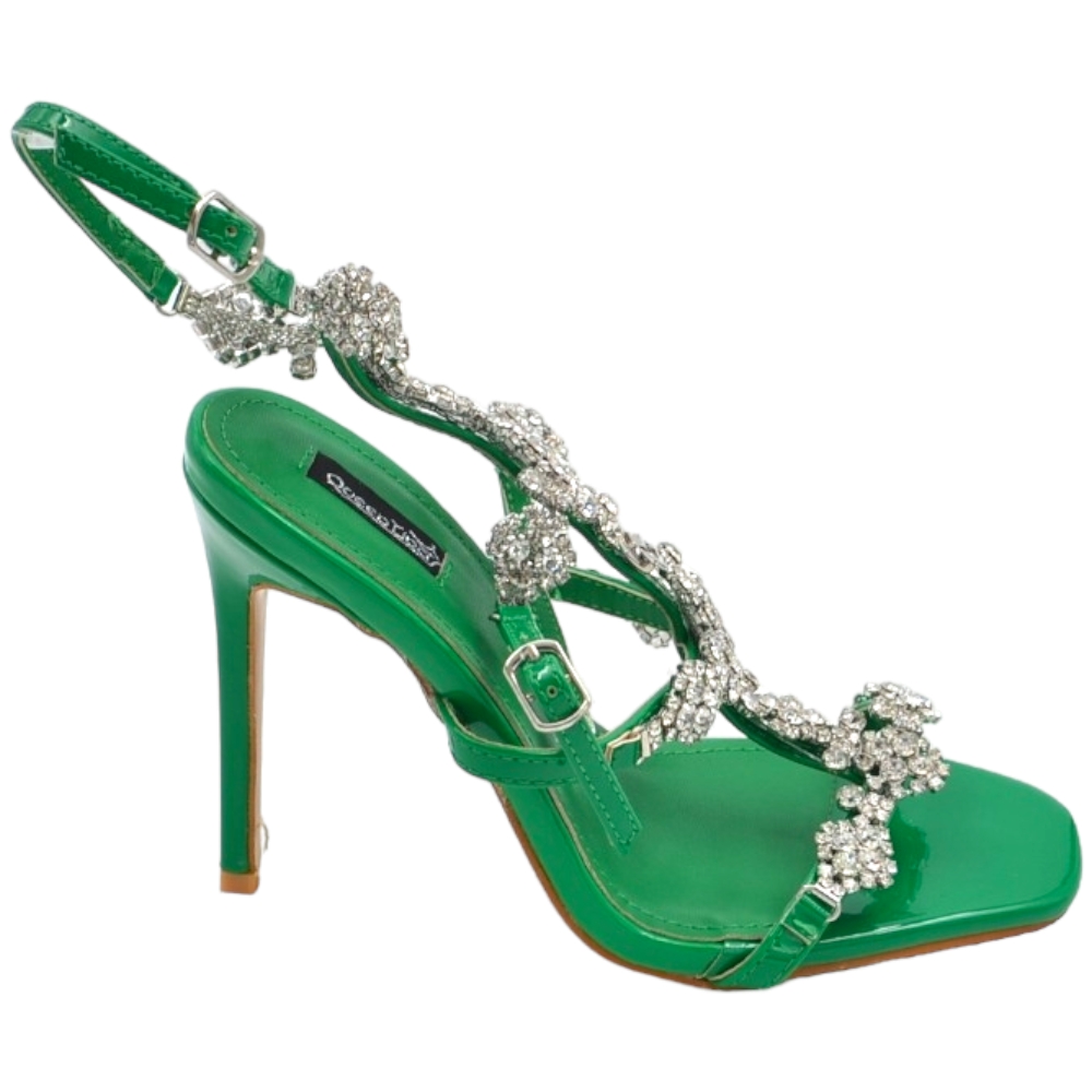Sandalo gioiello donna con tacco 12 verde inserti di strass luccicanti cinturino alla caviglia effetto piede nudo moda.