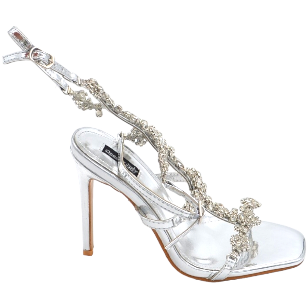 Sandalo gioiello donna con tacco 12 argento inserti di strass luccicanti cinturino alla caviglia effetto piede nudo moda.