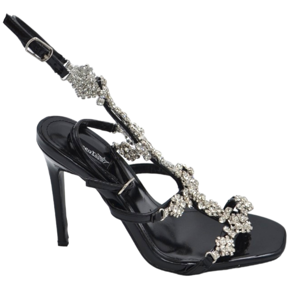 Sandalo gioiello donna con tacco 12 nero inserti di strass luccicanti cinturino alla caviglia effetto piede nudo moda.