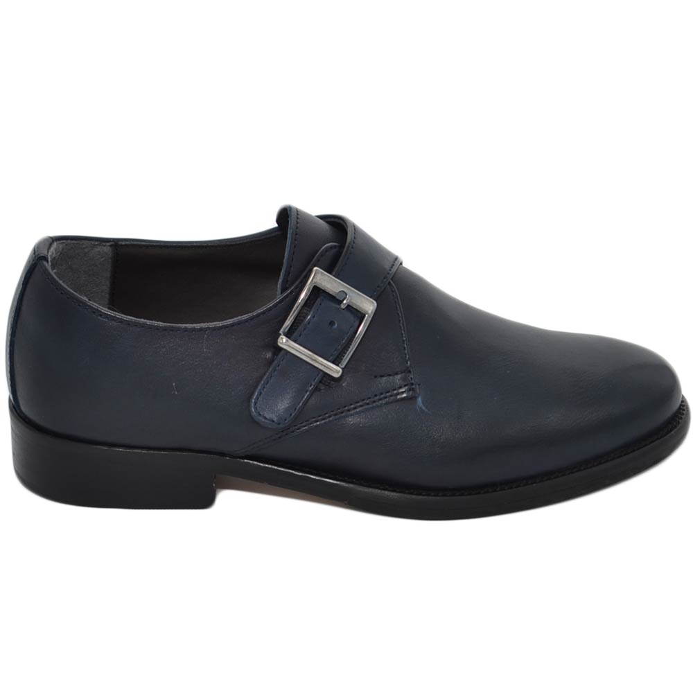 Scarpe uomo con fibbia eleganti vera pelle blu opaca suola cuoio con antiscivolo handmade in italy fibbia argento