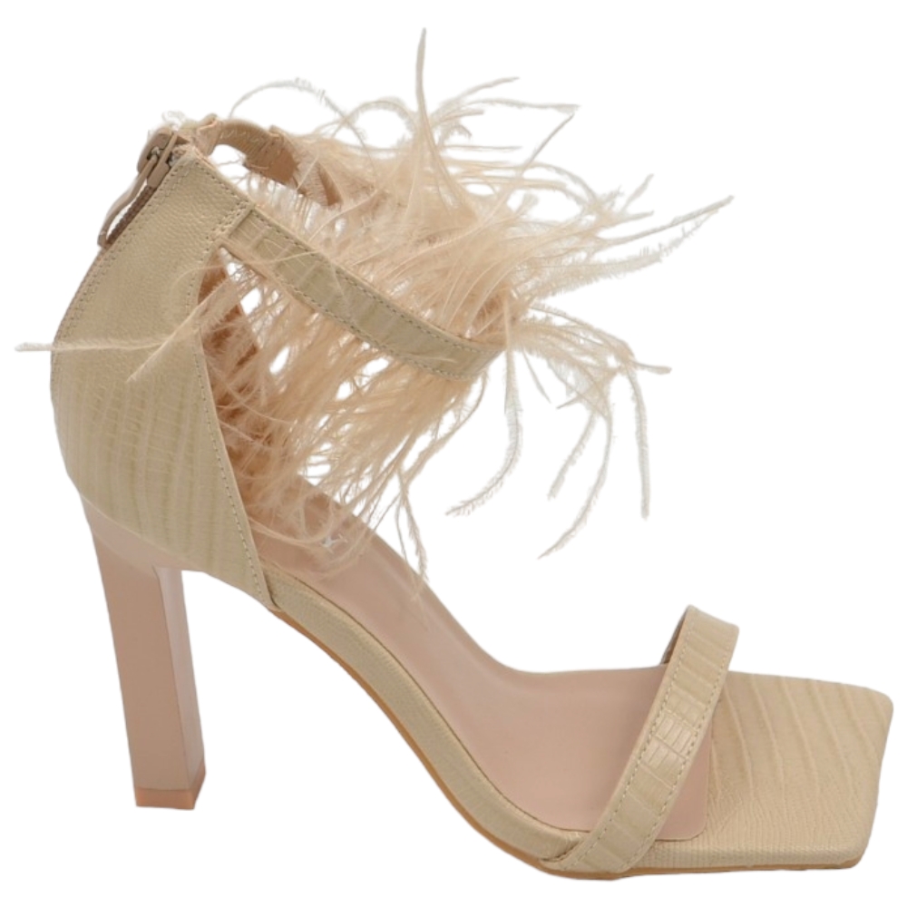 SANDALI TACCO DONNA IN PELLE STAMPA COCCO BEIGE NUDE CON FASCETTE PIUME TACCO DOPPIO 12CM CHIUSURA ZIP.