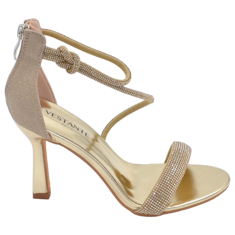Sandali gioiello donna oro in vernice con strass chiusura alla caviglia tacco a spillo 12 cm elegante 