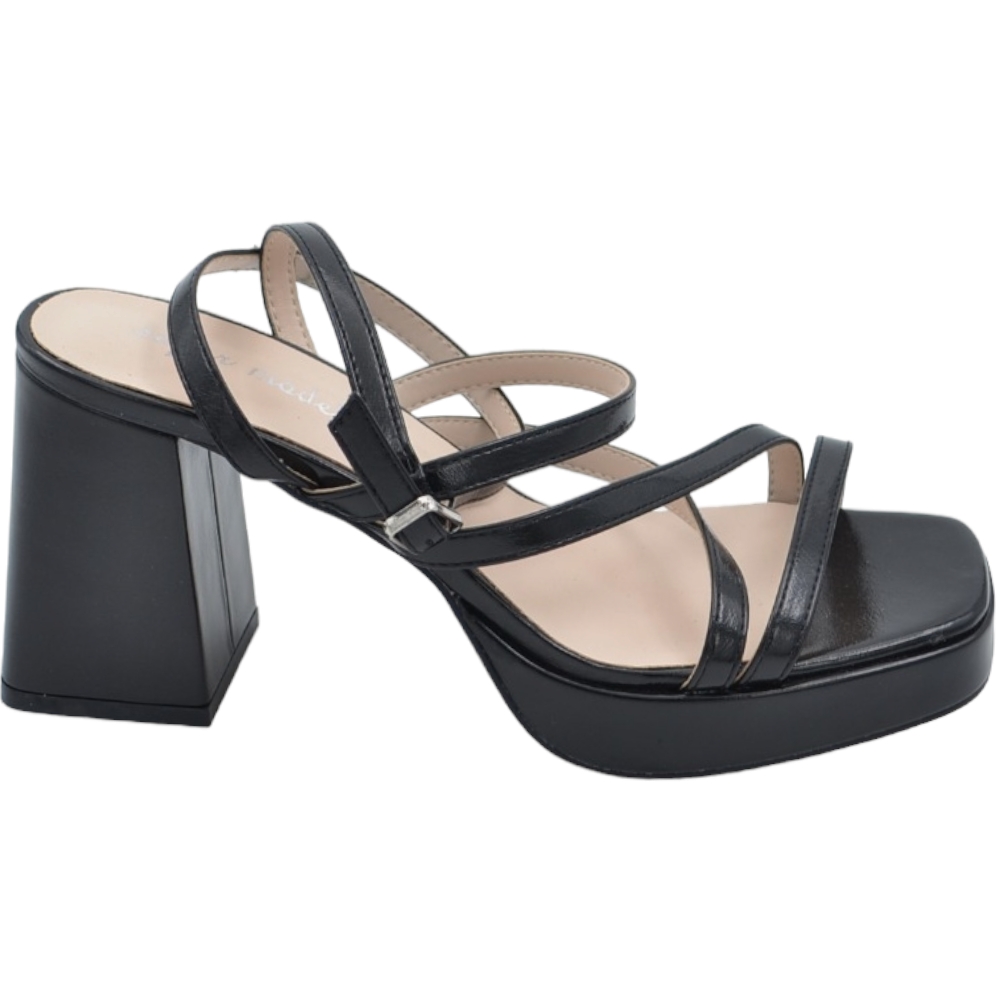 Sandali donna laminato nero con plateau tacco largo chiusura regolabile alla caviglia comodi punta quadrata tacco 9 