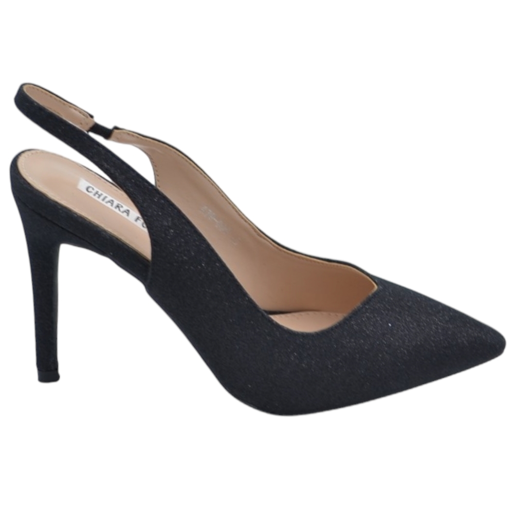 Decollete scarpa donna slingback a punta in tessuto satinato nero tacco clessidra 12 cm cinturino tallone glamour moda.