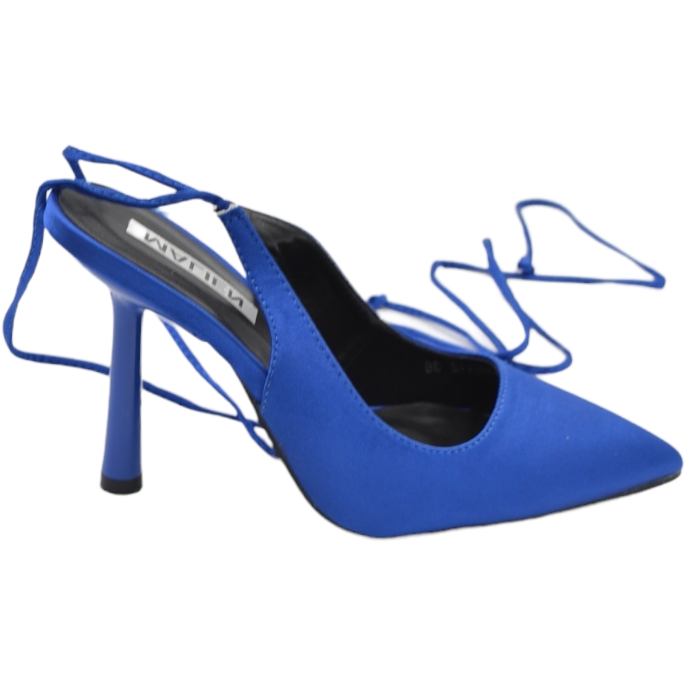 Decollete a punta donna in raso blu tallone scoperto allacciatura alla schiava con lacci tacco sottile 12 cm moda 