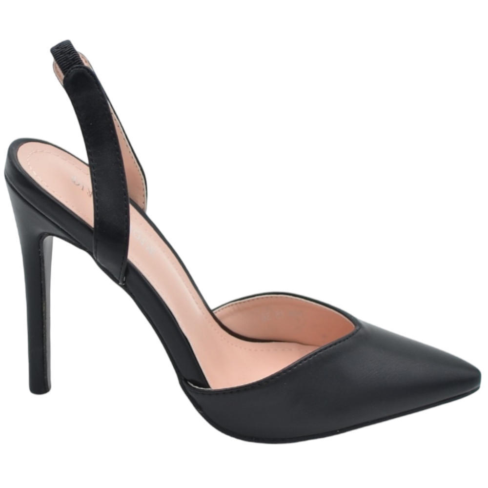 Decollete scarpa donna slingback a punta in pelle opaca nera tacco sottile 12 cm cinturino tallone glamour moda.