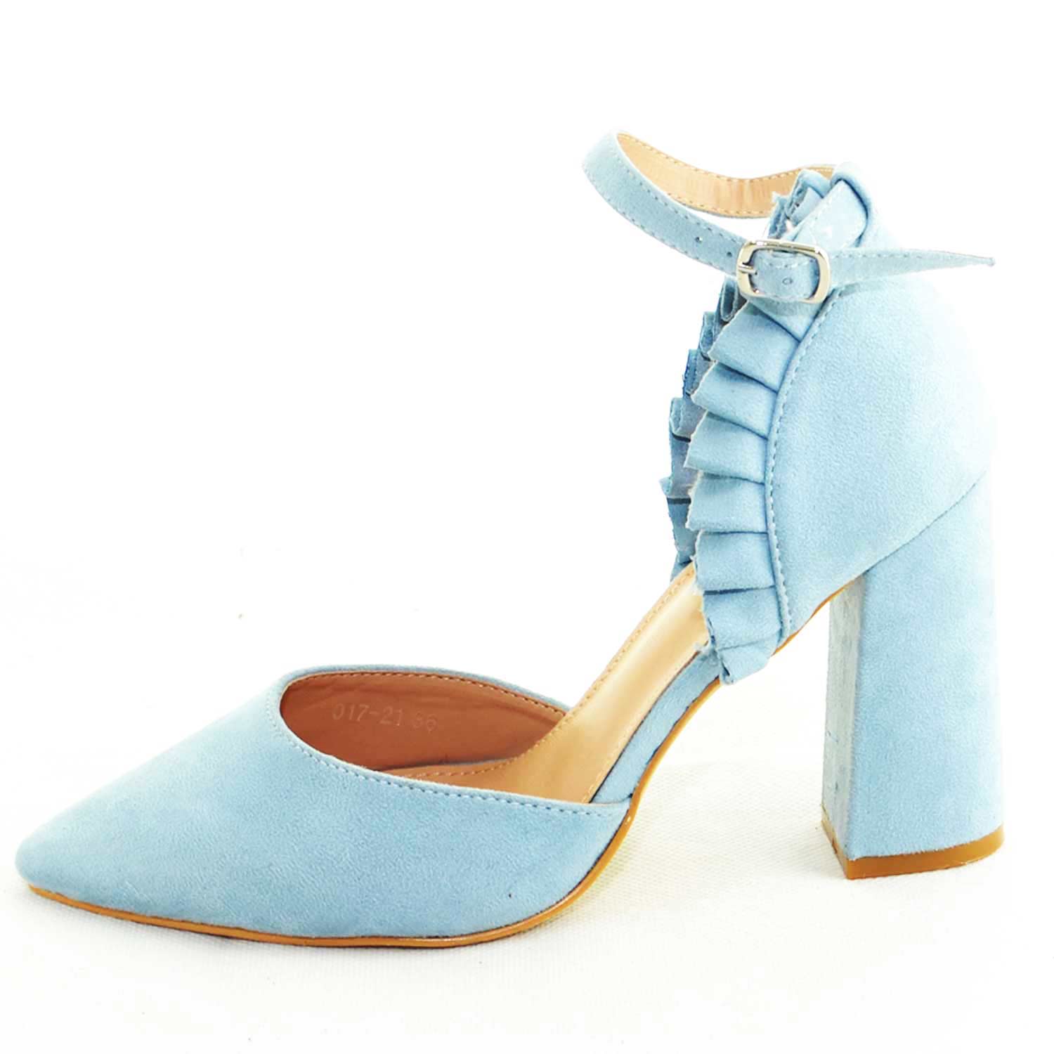 Sandales Guya K0204 - Suède Couleur Ciel, Talon Carré 5 Cm Avec Miroir, Neuves Avec Boîte