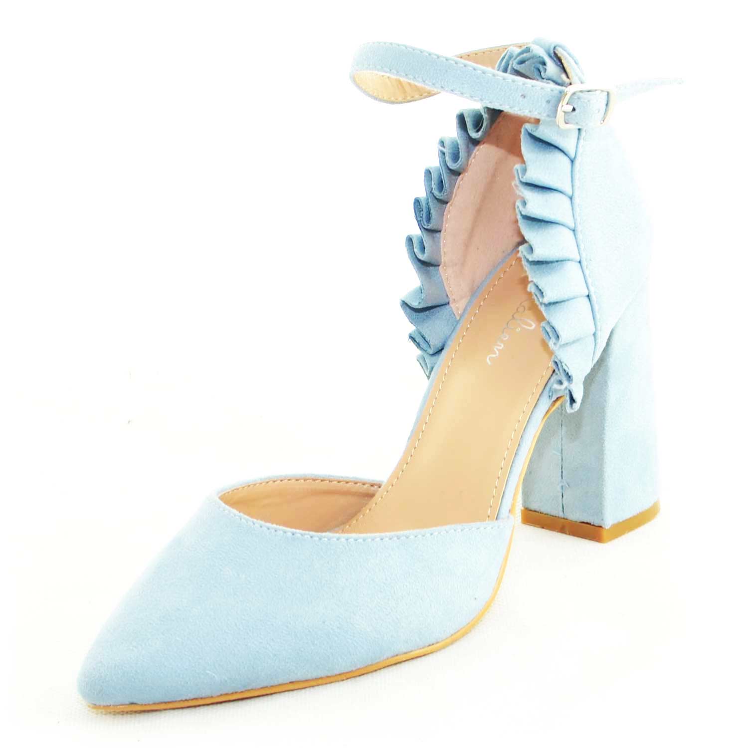 Sandales GUYA En Daim Bleu Ciel - Talon Carré Miroir 5 Cm - Neuves Avec Boîte