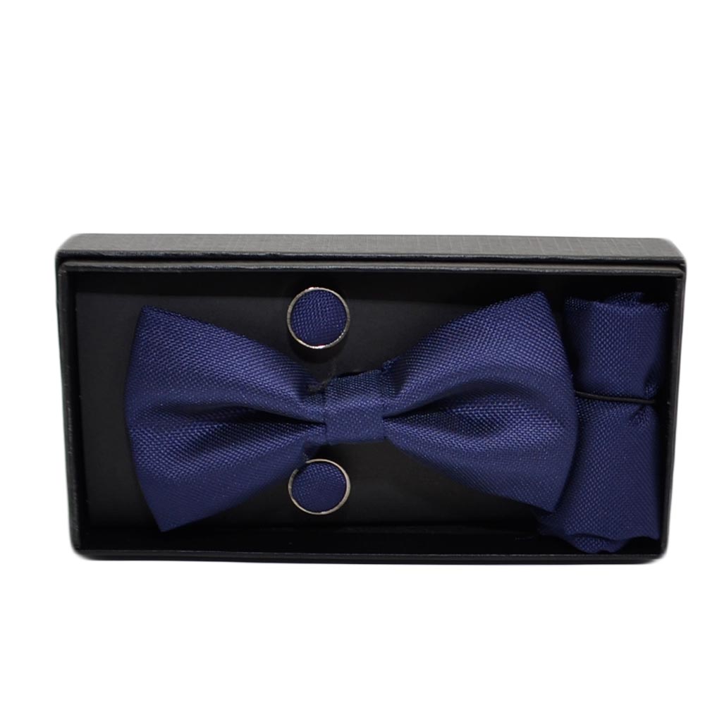 Set coordinato uomo papillon con gemelli e pochette blu basic elegante cerimonia	