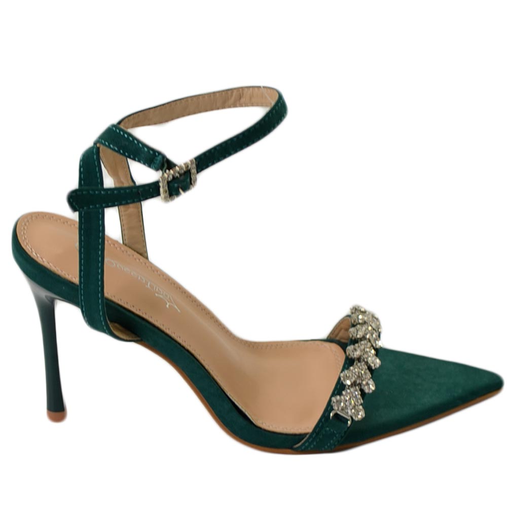 SANDALO TACCO VERDE PETROLIO A PUNTA CON APPLICAZIONI TACCO SOTTILE 12 CM CHIUSURA ALLA CAVIGLIA MODA CERIMONIA