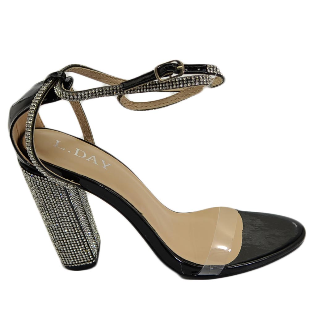 Sandalo donna gioiello nero tacco largo con strass fascia trasparente 10 cm cerimonia allacciatura alla caviglia moda.