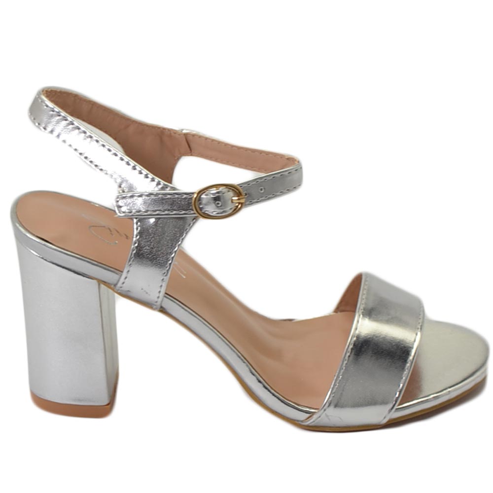 Scarpe sandalo argento donna con tacco 6 cm basso comodo basic con fascia morbida e cinturino alla caviglia open toe