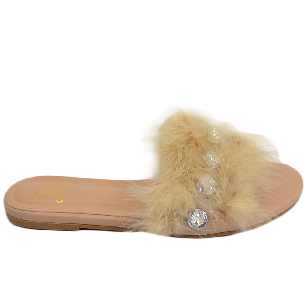 Pantofoline donna pelliccia peluche pelo con applicazioni beige nude voluminosa colorata morbide raso terra moda glamour.