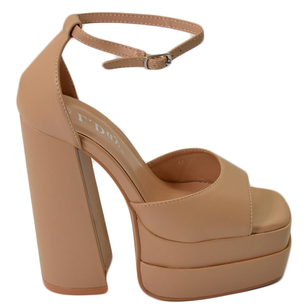 SANDALO DONNA TACCO IN PELLE NUDO TACCO DOPPIO 15 CM PLATEAU 6 CM CINTURINO ALLA CAVIGLIA OPEN TOE MODA