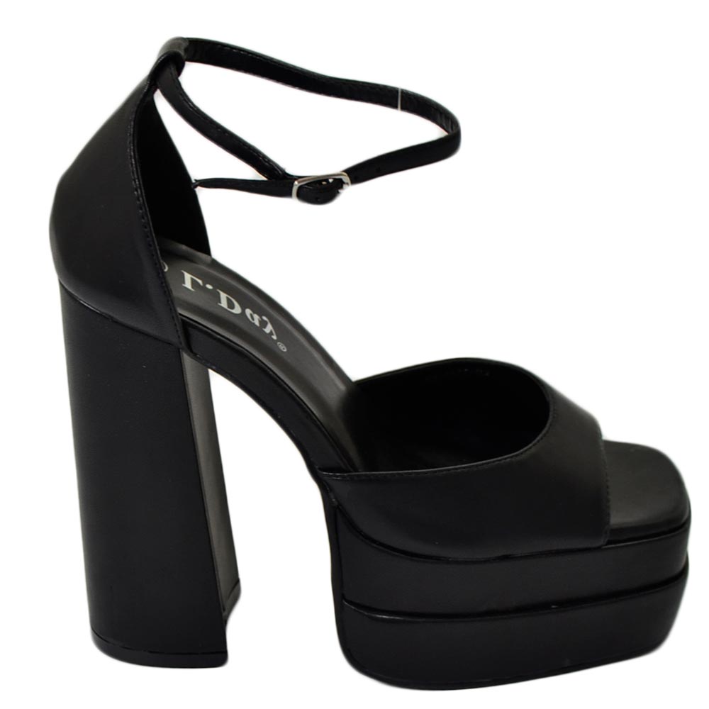 SANDALO DONNA TACCO IN PELLE NERO TACCO DOPPIO 15 CM PLATEAU 6 CM CINTURINO ALLA CAVIGLIA OPEN TOE MODA