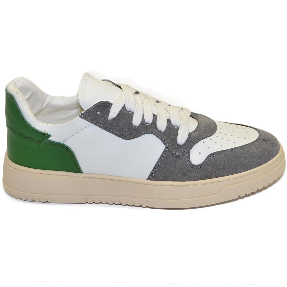 Scarpa sneakers multicolore bianco grigio e verde uomo basic vera pelle lacci comodo fondo in gomma beige