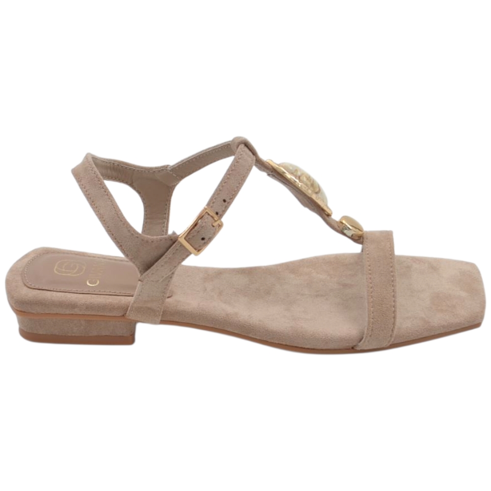 Sandali bassi donna beige scamosciato con punta squadrata listino a T con pietre decorativa e chiusura alla caviglia