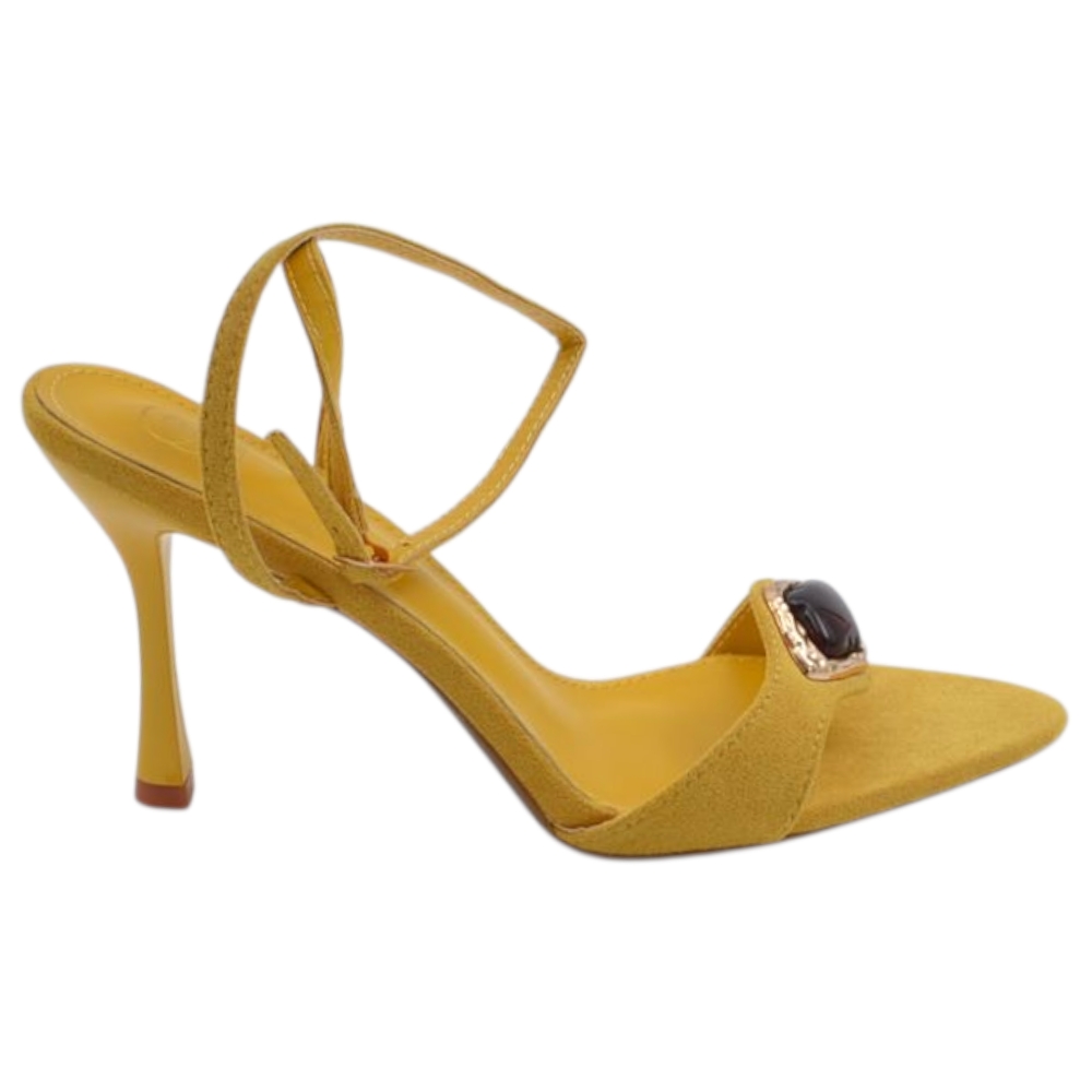 Sandali donna slingback a punta giallo in camoscio con tacco a spillo 10 cm dettaglio pietra superiore chiusura caviglia