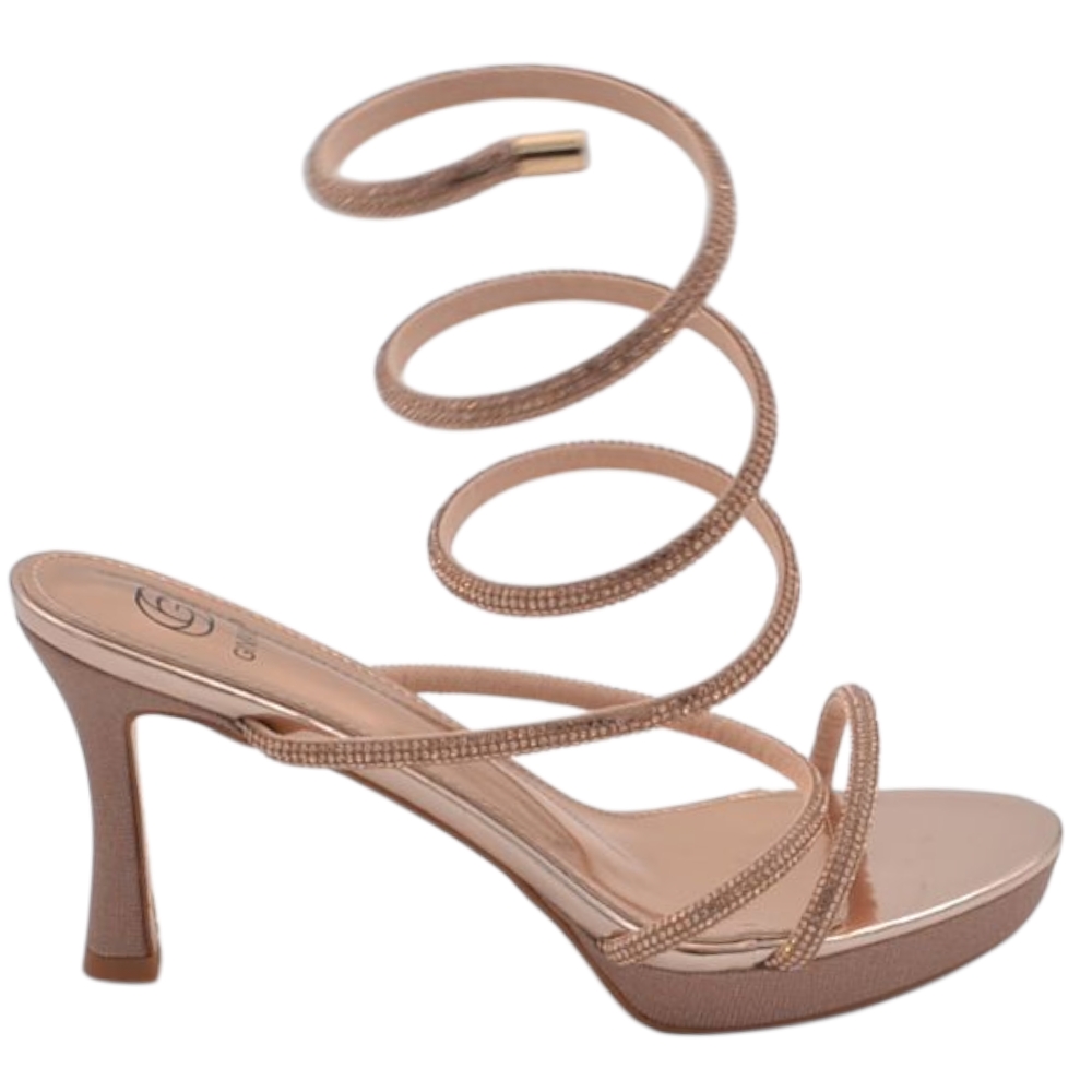 Sandali alto donna oro rosa con brillantini tacco clessidra 10 cm e plateau 2 cm serpente rigido alla gamba regolabile .