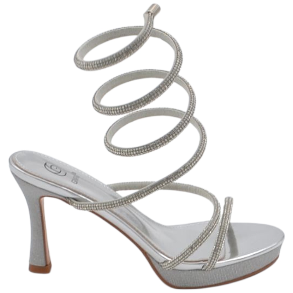 Sandali alto donna argento con brillantini tacco clessidra 10 cm e plateau 2 cm serpente rigido alla gamba regolabile .
