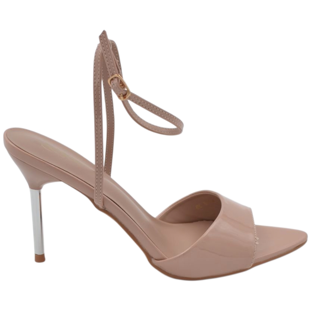 Sandali donna a punta beige effetto specchio tacco sottile 7 cm con chiusura alla caviglia regolabile