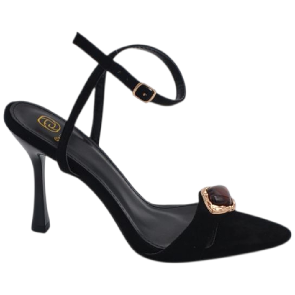 Sandali donna slingback a punta nero in camoscio con tacco a spillo 10 cm dettaglio pietra superiore chiusura caviglia.